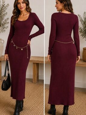 Free For All Burgundy Ribbed Chain Detail Midi Dress Size Small